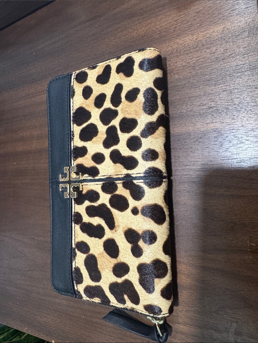 Tory Burch Leopard Print Zip Wallet with Black Trim